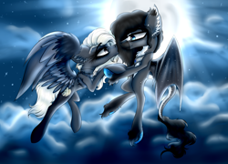Size: 4000x2880 | Tagged: safe, artist:beamybutt, oc, oc only, bat pony, pegasus, pony, bat pony oc, bat wings, commission, ear fluff, flying, full moon, moon, night, outdoors, pegasus oc, smiling, stars, wings, ych result