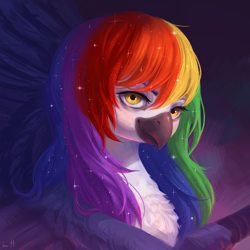 Size: 2400x2400 | Tagged: safe, artist:miurimau, oc, oc only, griffon, bust, chest fluff, female, griffon oc, high res, lidded eyes, looking at you, multicolored hair, not rainbow dash, rainbow hair, smiling, smiling at you, solo