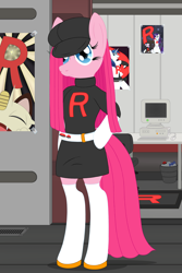 Size: 3200x4800 | Tagged: safe, alternate version, artist:fascismnotincluded, pinkie pie, earth pony, semi-anthro, g4, arm hooves, clothes, pinkamena diane pie, pokémon, solo, team rocket