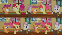 Size: 1280x720 | Tagged: safe, edit, edited screencap, editor:quoterific, screencap, apple bloom, scootaloo, sweetie belle, earth pony, pegasus, pony, unicorn, g4, hearts and hooves day (episode), season 2, apple bloom's bow, book, bow, caption, clubhouse, crusaders clubhouse, curtains, cutie mark crusaders, eye contact, eyes closed, female, filly, floppy ears, foal, green eyes, grin, gritted teeth, hair bow, horn, looking at each other, looking at someone, open mouth, orange eyes, purple eyes, red mane, red tail, shrunken pupils, smiling, tail, text, trio, two toned mane, window
