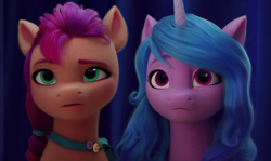 Size: 1350x804 | Tagged: safe, screencap, izzy moonbow, sunny starscout, earth pony, pony, unicorn, g5, my little pony: a new generation, spoiler:my little pony: a new generation, cropped, duo, female, mare