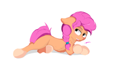 Size: 5656x3104 | Tagged: safe, artist:groomlake, sunny starscout, earth pony, pony, g5, my little pony: a new generation, spoiler:my little pony: a new generation, colored, cute, female, lying down, mare, simple, simple background, smiling, solo, tongue out, white background