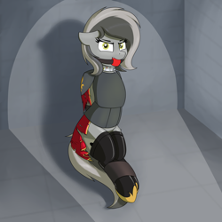 Size: 3000x3000 | Tagged: safe, alternate version, artist:ponynamedmixtape, oc, oc only, oc:graeyscale, pegasus, pony, adepta sororitas, angry, ankle tied, arm behind back, armor, ballgag, bondage, boots, captured, clothes, collar, ears back, female, gag, high res, hoof shoes, latex, latex socks, leggings, looking at you, mare, prisoner, shock collar, shoes, socks, solo, thigh highs, warhammer (game), warhammer 40k, zettai ryouiki