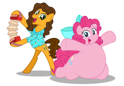 Size: 1600x1111 | Tagged: safe, artist:aleximusprime, cheese sandwich, pinkie pie, earth pony, pony, g4, bow, clothes, duo, fat, female, hair bow, larger female, male, mare, obese, open mouth, piggy pie, pudgy pie, simple background, size difference, smaller male, stallion, transparent background