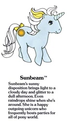 Size: 550x1000 | Tagged: safe, sunbeam, pony, unicorn, g1, official, adorabeam, bow, cute, female, g1 backstory, mare, my little pony fact file, smiling, solo, tail, tail bow