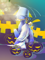 Size: 2048x2732 | Tagged: safe, artist:blue ink, oc, oc only, oc:blue ink, pony, beard, bucket, facial hair, halloween, high res, holiday, jack-o-lantern, pumpkin, short tail, solo, tail
