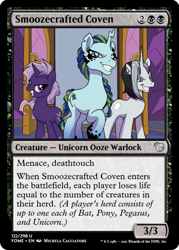 Size: 375x523 | Tagged: safe, artist:michela cacciatore, edit, idw, black belle, shadow storm, violet shiver, pony, unicorn, g4, my little pony: generations, spoiler:comicgenerations01, ccg, magic the gathering, trading card, trading card edit