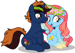 Size: 2133x1526 | Tagged: safe, artist:stellardusk, oc, oc only, oc:bluesliver, oc:vibrashy, pegasus, pony, unicorn, 2022 community collab, derpibooru community collaboration, colored wings, eyebrows, eyebrows visible through hair, female, floral head wreath, flower, gradient legs, gradient mane, gradient tail, gradient wings, hair tie, horn, male, mare, open mouth, open smile, pegasus oc, shadow, simple background, sitting, smiling, spread wings, stallion, tail, transparent background, two toned mane, two toned tail, unicorn oc, wings