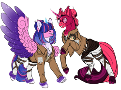 Size: 2935x2172 | Tagged: safe, artist:malinraf1615, oc, oc only, oc:estella sparkle, oc:venus red heart, alicorn, human, pony, unicorn, alicorn oc, alternate hairstyle, attack on titan, belt, chest fluff, clothes, cosplay, costume, crossover, duo, eren jaeger, female, glasses, grin, hair over eyes, heart eyes, high res, horn, jacket, leg fluff, mare, markings, multicolored hair, offspring, pants, parent:flash sentry, parent:twilight sparkle, parents:flashlight, plushie, raised hoof, raised leg, shirt, shorts, simple background, size difference, smiling, transparent background, underhoof, unshorn fetlocks, wingding eyes, wings
