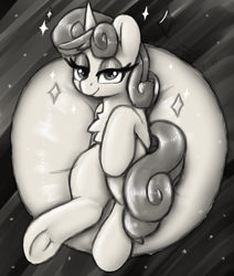 Size: 1446x1708 | Tagged: safe, artist:llametsul, oc, oc only, pony, unicorn, bedroom eyes, chest fluff, eyelashes, looking at you, monochrome, not sweetie belle, sketch, smiling, solo, sparkles, underhoof