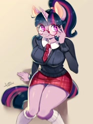 Size: 2000x2667 | Tagged: safe, artist:mrscurlystyles, twilight sparkle, unicorn, anthro, g4, adorasexy, alternate hairstyle, big breasts, blushing, breasts, busty twilight sparkle, clothes, curvy, cute, eyebrows, eyebrows visible through hair, eyelashes, glasses, hair tie, high res, hourglass figure, knees pressed together, kneesocks, legs, looking at you, meganekko, miniskirt, necktie, nerd, plaid skirt, ponytail, round glasses, school uniform, schoolgirl, sexy, simple background, sitting, skirt, smiling, smiling at you, socks, solo, stupid sexy twilight, sweater, sweater puppies, thighlight sparkle, thighs, thunder thighs, twiabetes, unicorn twilight, wide hips, zettai ryouiki