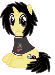 Size: 798x1082 | Tagged: safe, artist:flutteryaylove, oc, oc only, oc:lusshy aragrev, pony, unicorn, 2022 community collab, derpibooru community collaboration, black mane, black tail, brown eyes, clothes, hooves, horn, looking at you, male, png, simple background, sitting, smiling, solo, stallion, tail, transparent background, unicorn oc