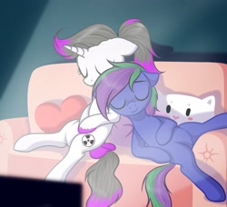 Size: 3000x2730 | Tagged: safe, artist:kim0508, oc, oc only, oc:hazel radiate, oc:lishka, pegasus, pony, unicorn, bow, cat pillow, colored hooves, commission, commissioner:biohazard, couch, duo, eyebrows, eyelashes, eyes closed, female, floppy ears, heart, heart pillow, high res, highlights, horn, mare, pegasus oc, pillow, ponytail, sitting, sitting together, sleeping, sleeping together, smiling, tail, tail bow, television, two toned mane, two toned tail, unicorn oc, unshorn fetlocks, ych result