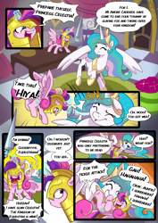 Size: 2894x4093 | Tagged: safe, artist:lummh, princess cadance, princess celestia, alicorn, pony, g4, 2021, armor, armored pony, aunt and niece, bonk, canterlot castle, clothes, comic, comics, commission, cosplay, costume, crown, cute, cutedance, cutelestia, daaaaaaaaaaaw, duo, duo female, exclamation point, eyes closed, featured image, female, filly, filly cadance, glowing, glowing horn, grin, happy, helmet, high res, hitting, hnnng, horn, jewelry, lance, magic, magic aura, mare, momlestia, open mouth, peytral, playing, playing dead, regalia, smiling, spear, speech bubble, sweet dreams fuel, telekinesis, tickling, weapon, weapons-grade cute, wholesome, young cadance, younger