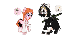 Size: 5670x2716 | Tagged: safe, artist:idkhesoff, oc, oc only, oc:angel petals, oc:jezza belle, earth pony, pegasus, pony, anklet, belt, blushing, boots, can, christianity, clothes, crown, dress, duo, ear piercing, earring, energy drink, eyeshadow, face mask, female, fingerless gloves, gloves, jewelry, lesbian, looking at each other, makeup, mare, mask, mismatched socks, monster energy, necklace, nun outfit, oc x oc, open mouth, piercing, playing card, raised hoof, raised leg, regalia, religion, shipping, shoes, simple background, size difference, skirt, socks, stockings, sweater, thigh highs, transparent background