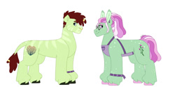 Size: 1280x640 | Tagged: safe, artist:itstechtock, oc, oc:herbal remedy, oc:seagrass, earth pony, pony, apron, clothes, female, glasses, male, mare, offspring, parent:tree hugger, parent:unknown, simple background, sperm donation, stallion, white background