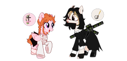 Size: 5670x2716 | Tagged: safe, alternate version, artist:idkhesoff, oc, oc only, oc:angel petals, oc:jezza belle, earth pony, pegasus, pony, anklet, bandaid, belt, blushing, boots, can, christianity, clothes, dress, duo, ear piercing, earring, energy drink, eyeshadow, fangs, female, fingerless gloves, gloves, jewelry, lesbian, lipstick, looking at each other, makeup, mare, mismatched socks, monster energy, necklace, nun outfit, oc x oc, open mouth, piercing, raised hoof, raised leg, religion, shipping, shoes, simple background, size difference, skirt, socks, stockings, sweater, thigh highs, transparent background