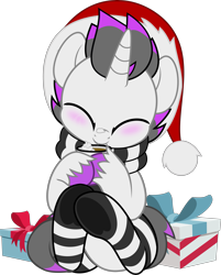 Size: 4021x5000 | Tagged: safe, artist:jhayarr23, oc, oc only, oc:haze rad, pony, unicorn, absurd resolution, blushing, chocolate, christmas, clothes, colored hooves, commission, commissioner:biohazard, cozy, cute, daaaaaaaaaaaw, diabetes, eyes closed, food, hat, highlights, holiday, hoof hold, horn, hot chocolate, male, present, santa hat, scarf, simple background, sitting, smiling, socks, solo, stallion, striped scarf, striped socks, transparent background, underhoof, unicorn oc, unshorn fetlocks, whipped cream, ych result