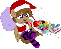 Size: 6162x5000 | Tagged: safe, artist:jhayarr23, oc, oc only, oc:talu gana, pegasus, pony, absurd resolution, action pose, bag, cannon, christmas, christmas clothing, clothes, commission, commissioner:biohazard, confetti, cute, diabetes, furrowed brow, hat, holiday, male, open mouth, open smile, pegasus oc, present, purple eyes, santa hat, simple background, smiling, socks, solo, stallion, striped socks, transparent background, ych result