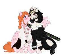 Size: 2935x2320 | Tagged: safe, artist:theartfox2468, oc, oc only, oc:angel petals, oc:jezza belle, earth pony, pegasus, pony, anklet, bedroom eyes, belt, blushing, boots, can, christianity, clothes, crown, dress, duo, ear piercing, earring, energy drink, eyeshadow, face mask, fangs, female, fingerless gloves, gloves, heart eyes, high res, jewelry, kissing, lesbian, lipstick, looking at each other, makeup, mare, mask, mismatched socks, monster energy, necklace, nun outfit, oc x oc, open mouth, piercing, playing card, raised leg, regalia, religion, shipping, shoes, simple background, sitting, size difference, skirt, socks, stockings, sweater, thigh highs, transparent background, wingding eyes
