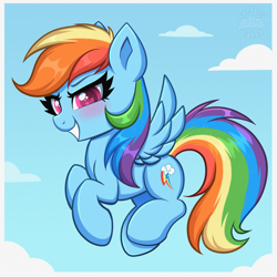 Size: 4000x4000 | Tagged: safe, artist:confetticakez, rainbow dash, pegasus, pony, g4, absurd resolution, blushing, cloud, colored pupils, cute, dashabetes, female, flying, heart, heart eyes, mare, sky, smiling, solo, spread wings, wingding eyes, wings