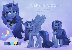 Size: 1722x1204 | Tagged: safe, artist:margony, oc, oc only, oc:serene moon, alicorn, pony, alicorn oc, crescent moon, female, horn, mare, moon, not luna, reference sheet, solo, wings