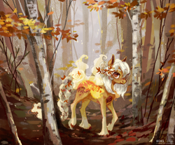 Size: 1654x1370 | Tagged: safe, artist:wolfiedrawie, oc, oc only, oc:autumna, earth pony, pony, autumn, birch tree, braided tail, forest, looking at you, outdoors, solo, tail, tree, unshorn fetlocks