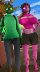 Size: 2160x3840 | Tagged: safe, artist:donglysfm, oc, oc:cinnamon bun (changeling), oc:waffles (changeling), changeling, anthro, plantigrade anthro, 3d, :p, anthro oc, baseball bat, big breasts, boob window, breasts, busty changeling, busty oc, changeling oc, cleavage, clothes, cute, cuteling, feet, forked tongue, glasses, green changeling, high res, huge breasts, nail polish, pink changeling, revamped anthros, sandals, shorts, size difference, source filmmaker, sweater, toenail polish, tongue out
