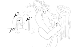 Size: 960x591 | Tagged: safe, artist:arkhat_the_artist, discord, fluttershy, draconequus, pegasus, pony, g4, caught, crossing the memes, door, drawing, female, fluttermop, imminent kissing, implied discoshy, implied shipping, implied straight, jojo reference, male, meme, menacing, sketch, sweat, sweatdrop, ド ド ド