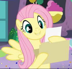 Size: 587x563 | Tagged: safe, screencap, fluttershy, pegasus, pony, g4, party pooped, cropped, cute, file, paper, shyabetes, smiling, solo