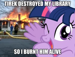 Size: 666x500 | Tagged: safe, edit, twilight sparkle, alicorn, human, pony, g4, caption, dark comedy, fire, image macro, implied death, implied lord tirek, meme, revenge, solo, text, twilight sparkle (alicorn)