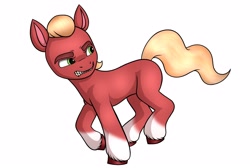 Size: 3048x2048 | Tagged: safe, artist:dancingkinfiend, sprout cloverleaf, earth pony, pony, g5, my little pony: a new generation, angry, blonde hair, blonde mane, cartoony, cel shading, coat markings, eyebrows down, galloping, green eyes, gritted teeth, high res, looking back, male, red fur, running away, shading, socks (coat markings), solo, stallion, teeth, unshorn fetlocks, wavy hair, wavy mane