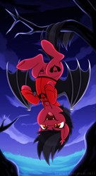 Size: 938x1718 | Tagged: safe, alternate character, alternate version, artist:scarlet-spectrum, bat pony, pony, bat wings, clandestine industries, clothes, commission, ear fluff, fall out boy, fangs, frog (hoof), halloween, hanging, hanging upside down, holiday, hoodie, male, night, nightmare night, open mouth, pete wentz, ponified, slit pupils, solo, spread wings, stallion, tattoo, tree, tree branch, underhoof, upside down, wings, ych result