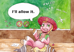 Size: 6204x4386 | Tagged: safe, artist:lightisanasshole, sprout cloverleaf, earth pony, pony, g5, my little pony: a new generation, absurd file size, absurd resolution, apple, board, chair, chalk, chalkboard, chest fluff, classroom, clothes, community, crossed legs, ear fluff, food, frown, funny, hoof fluff, ken jeong, leg fluff, looking at you, male, meme, open mouth, owo, ponified, raised hoof, reference, señor chang, sitting, solo, sombrero, speech bubble, stallion, table, talking, talking to viewer, text, traditional art, vest, voice actor joke, wallpaper, watercolor painting