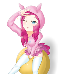 Size: 2800x3508 | Tagged: safe, artist:zoxriver503, pinkie pie, human, equestria girls, g4, ball, clothes, female, high res, hoodie, humanized, one eye closed, requested art, shirt, simple background, skirt, socks, solo, space hopper, tongue out, white background