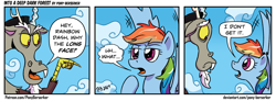 Size: 3375x1238 | Tagged: safe, artist:pony-berserker, discord, rainbow dash, draconequus, pegasus, pony, g4, 2021, cloud, comic, comic strip, duo, female, flying, i don't get it, male, speech bubble, why the long face