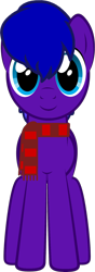 Size: 650x1840 | Tagged: safe, artist:nicogamer3000, oc, oc only, oc:shock script, earth pony, pony, 2022 community collab, derpibooru community collaboration, base used, blue eyes, clothes, earth pony oc, front view, full body, hooves, looking at you, male, scarf, show accurate, simple background, smiling, smiling at you, solo, stallion, standing, striped scarf, transparent background, two toned mane