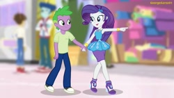 Size: 3642x2048 | Tagged: safe, artist:georgegarza01, curly winds, rarity, some blue guy, spike, wiz kid, equestria girls, g4, my little pony equestria girls: better together, boyfriend and girlfriend, bracelet, canterlot mall, clothes, converse, female, geode of shielding, high res, holding hands, human spike, jewelry, looking at each other, magical geodes, male, pointing, rarity peplum dress, ship:sparity, shipping, shirt, shoes, show accurate, straight