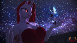 Size: 7680x4320 | Tagged: safe, artist:loveslove, oc, oc only, oc:lovers, oc:silver predator, fairy, unicorn, anthro, plantigrade anthro, 3d, absurd file size, absurd resolution, bat ears, bat wings, breasts, clothes, dress, duo, duo female, fairy wings, female, flower, horn, jewelry, looking at each other, necklace, night, night sky, outdoors, rose, size difference, sky, source filmmaker, stars, tattoo, unicorn oc, wings