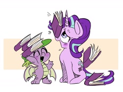 Size: 1869x1402 | Tagged: safe, artist:b0uncy-ball, spike, starlight glimmer, dragon, pony, unicorn, g4, abstract background, balancing, blush sticker, blushing, book, cute, dragon wings, duo, duo male and female, eyes closed, female, glimmerbetes, happy, male, mare, open mouth, open smile, ponies balancing stuff on their nose, sitting, smiling, spikabetes, spread wings, winged spike, wings