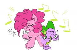 Size: 1857x1262 | Tagged: safe, artist:b0uncy-ball, pinkie pie, spike, dragon, earth pony, pony, g4, female, male, mare, microphone, music notes, singing