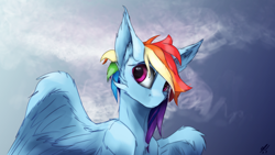 Size: 3840x2160 | Tagged: safe, artist:tenebrisnoctus, rainbow dash, pegasus, pony, g4, cheek fluff, ear fluff, female, high res, mare, partially open wings, solo, sternocleidomastoid, wings