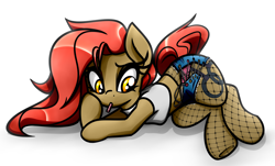 Size: 4024x2434 | Tagged: safe, artist:jetwave, oc, oc only, oc:dala vault, earth pony, pony, clothes, female, fishnet stockings, food, gum, high res, lying down, mare, midriff, panties, pink underwear, shirt, shorts, simple background, solo, t-shirt, underwear, white background