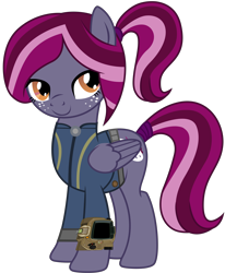 Size: 4120x5000 | Tagged: safe, artist:ponygamer2020, oc, oc only, oc:spotlight splash, pegasus, pony, equestria daily, fallout equestria, absurd resolution, bedroom eyes, clothes, equestria daily mascots, fallout, female, folded wings, freckles, jumpsuit, looking at you, mare, mascot, multicolored mane, multicolored tail, pegasus oc, pipboy, ponytail, simple background, smiling, smiling at you, solo, standing, tail, tail wrap, transparent background, vault suit, vector, wings