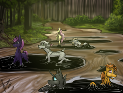 Size: 4000x3000 | Tagged: safe, artist:stirren, fluttershy, oc, goo, pegasus, pony, g4, butt, commission, female, forest, forest background, liquid latex, mare, multiple characters, plot, quicksand, sinking, stuck, tar, ych result