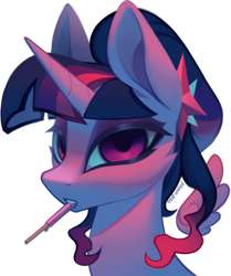 Size: 1590x1900 | Tagged: safe, artist:rrd-artist, twilight sparkle, alicorn, pony, collaboration:too many twilight, g4, bust, collaboration, floating wings, food, pocky, portrait, simple background, solo, transparent background, twilight sparkle (alicorn), wings