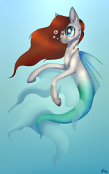 Size: 1936x3098 | Tagged: safe, artist:clarissa0210, oc, oc only, merpony, seapony (g4), art challenge, blue background, bubble, dorsal fin, fish tail, flowing mane, flowing tail, ocean, red mane, signature, simple background, solo, swimming, tail, underwater, water