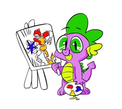 Size: 1490x1329 | Tagged: safe, artist:b0uncy-ball, spike, dragon, robot, g4, art, canvas, cute, easel, fight, looking at you, male, paint, paintbrush, painting, palette, simple background, solo, spikabetes, white background