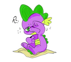 Size: 1465x1277 | Tagged: source needed, safe, artist:b0uncy-ball, spike, dragon, g4, blanket, cute, hug, male, open mouth, question mark, simple background, sitting, sleepy, solo, spikabetes, tail, tail hug, white background