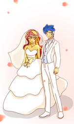 Size: 720x1196 | Tagged: safe, artist:artisticdemonn, flash sentry, sunset shimmer, equestria girls, g4, clothes, dress, female, male, marriage, request, ship:flashimmer, shipping, straight, wedding, wedding dress
